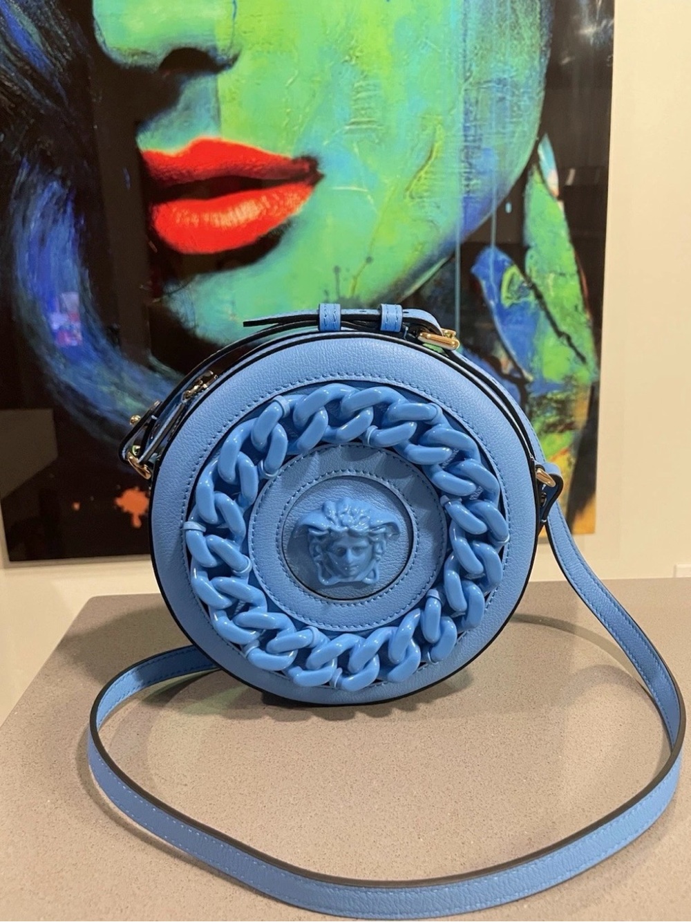 Versace Light Blue Round Medusa Chain-Trim Crossbody Bag